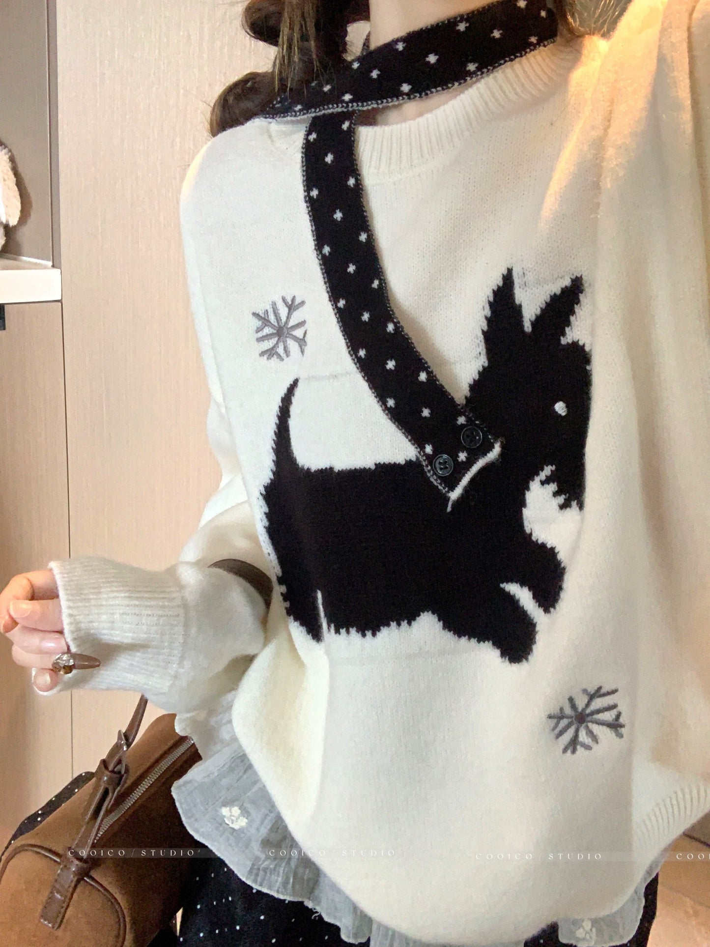 Kumikumi lazy style apricot puppy jacquard knitted sweater women's autumn age-reducing casual slimming versatile top