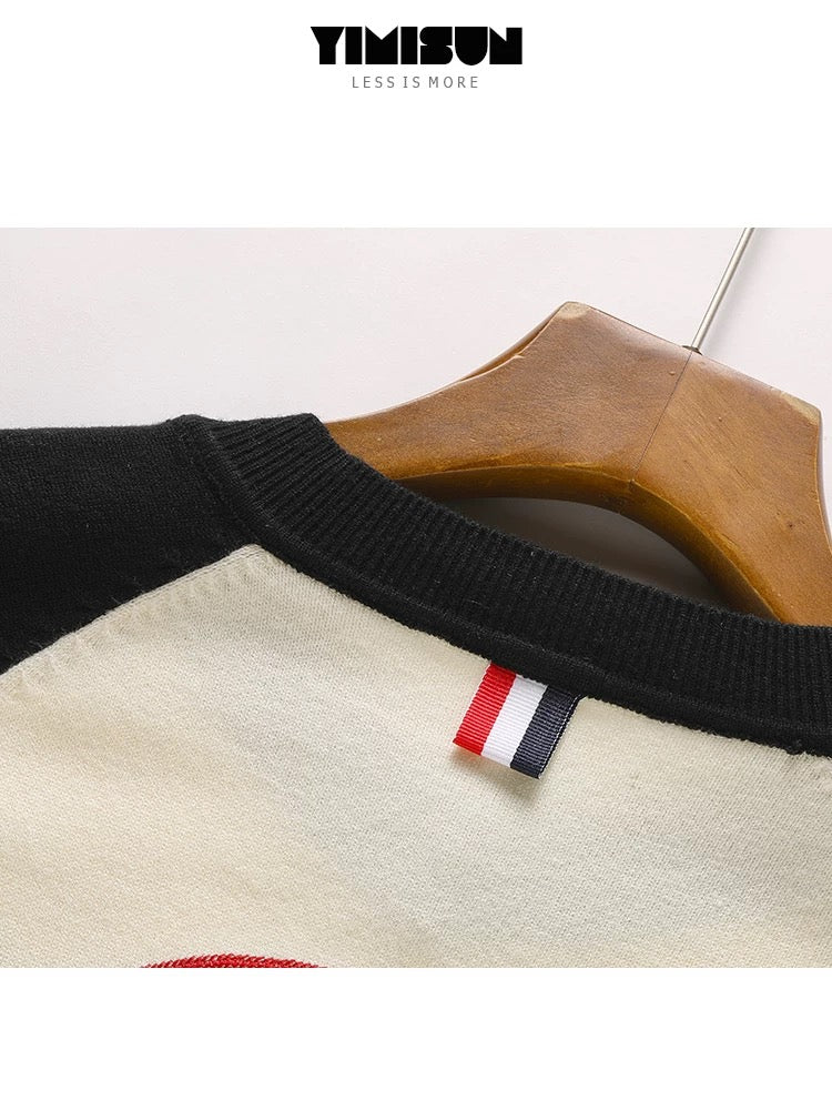YIMISUN round neck retro design contrast color striped long sleeve badge puppy embroidered knitted cardigan female jacket