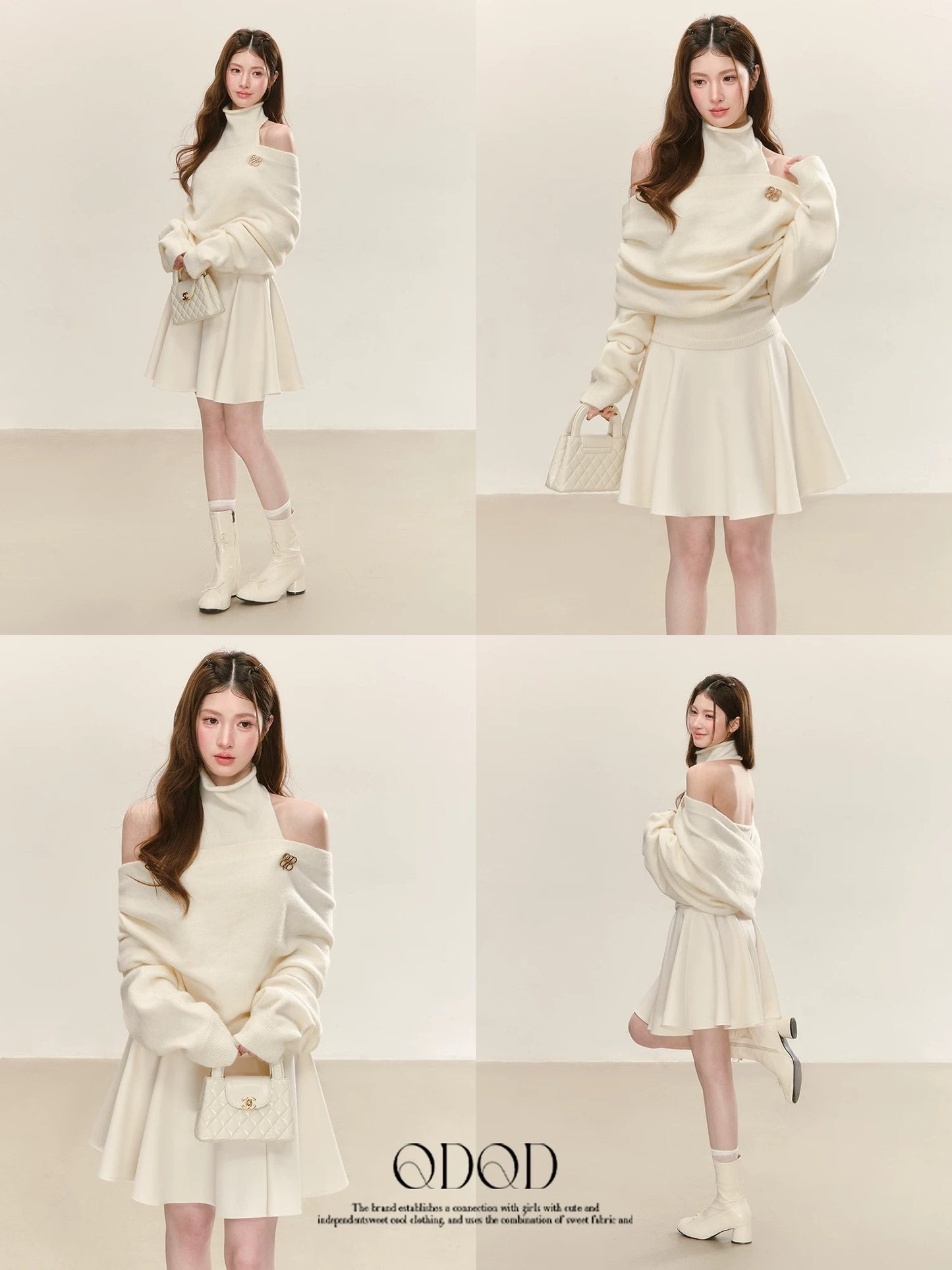 QDQD French-style elegant off-white suit, soft and supple sleeveless turtleneck base layer, off-shoulder sweater for women.