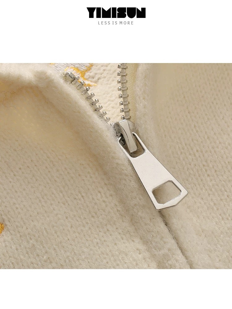YIMISUN heavy design full body puppy embroidery zipper hooded knitted cardigan women's top loose coat