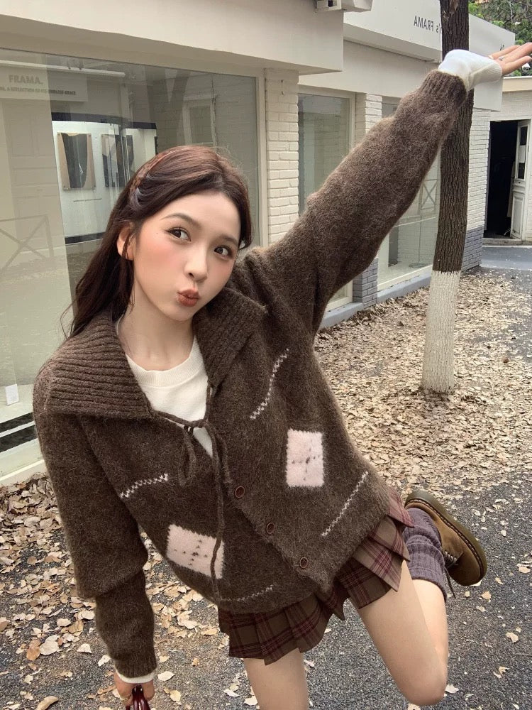 Kumikumi retro POLO collar tie sweater cardigan jacket women's autumn niche loose slim casual tops