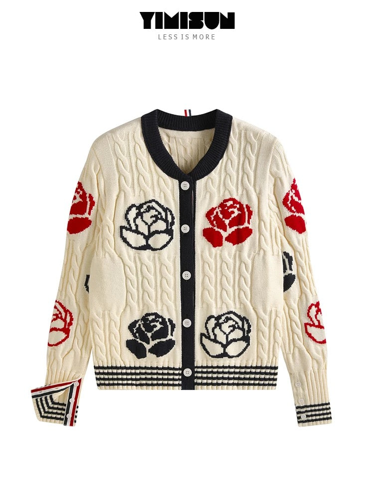 YIMISUN design heavy rose intarsia twisted round neck knitted cardigan women's age-reducing slim fit jacket