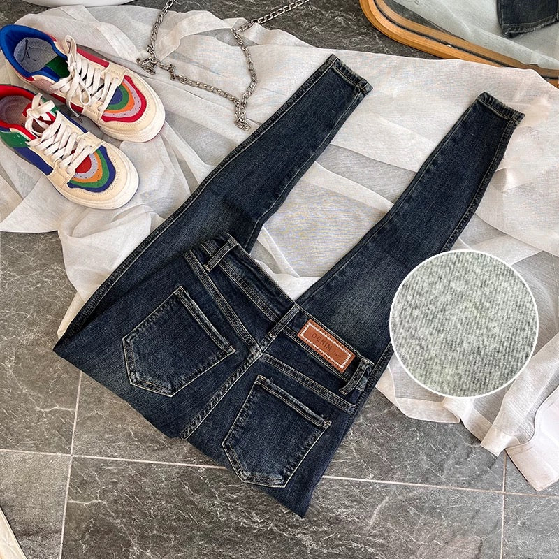 Counter texture dark blue high-waisted nine-point pants for women, Korean Dongdaemun style thin velvet pants for women, nine-point trendy