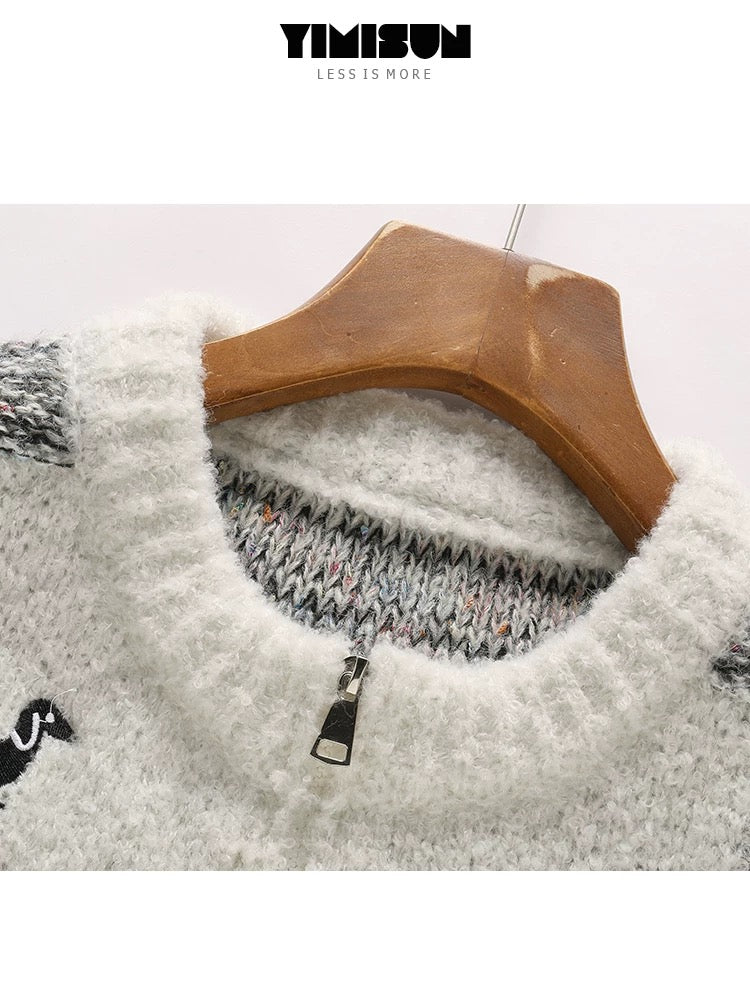 YIMISUN autumn and winter new soft glutinous zipper puppy embroidery college style age-reducing knitted cardigan sweater jacket for women