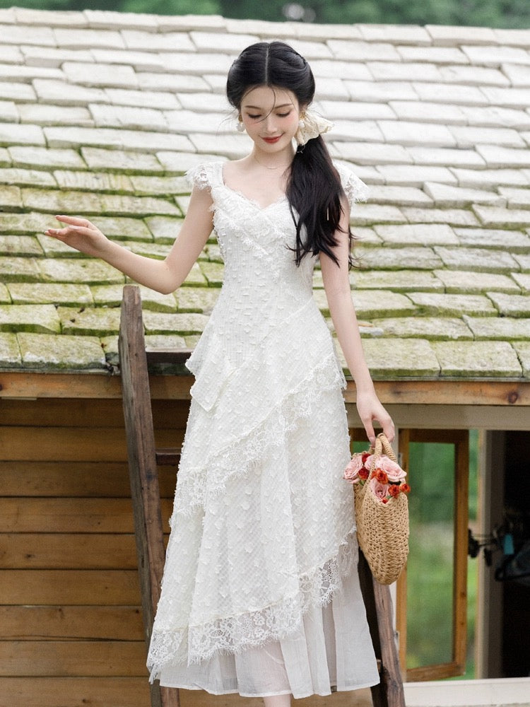 Super nice French beautiful white suspender dress for women summer high-end seaside vacation beach long skirt fairy