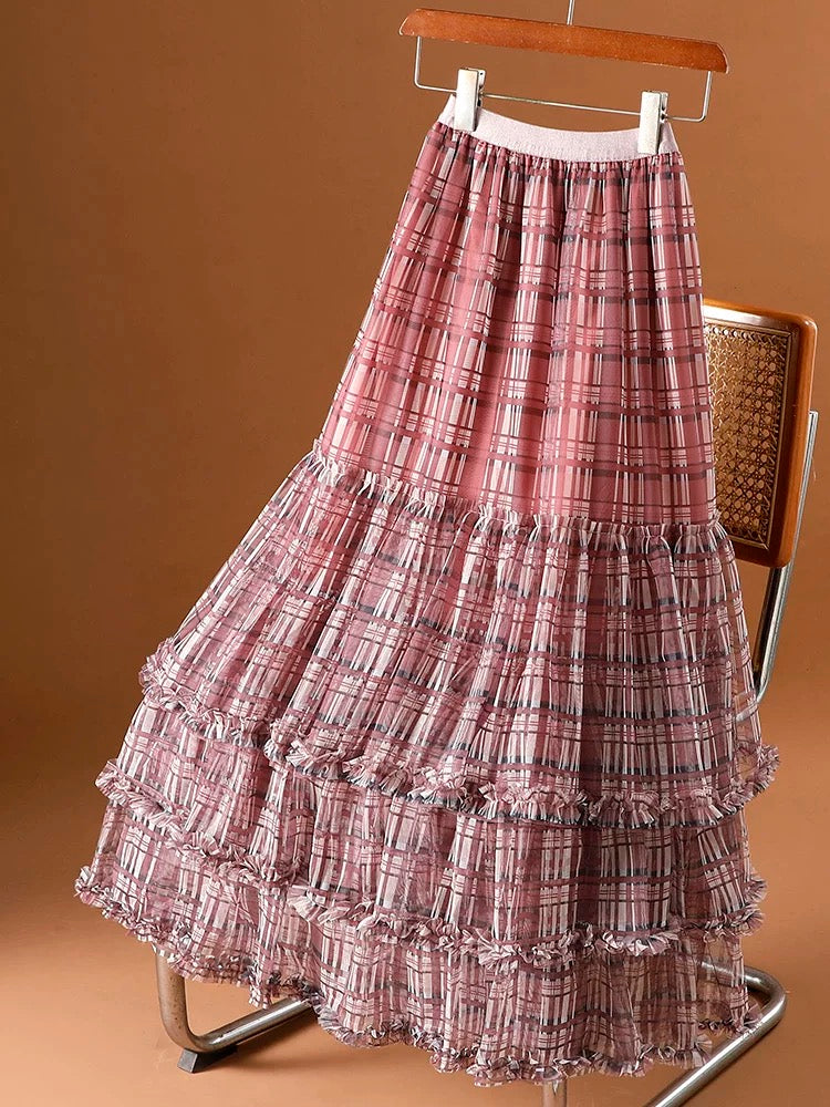 Mesh plaid skirt women's medium-length spring and summer 2025 new high waist slim a-line umbrella skirt splicing cake skirt