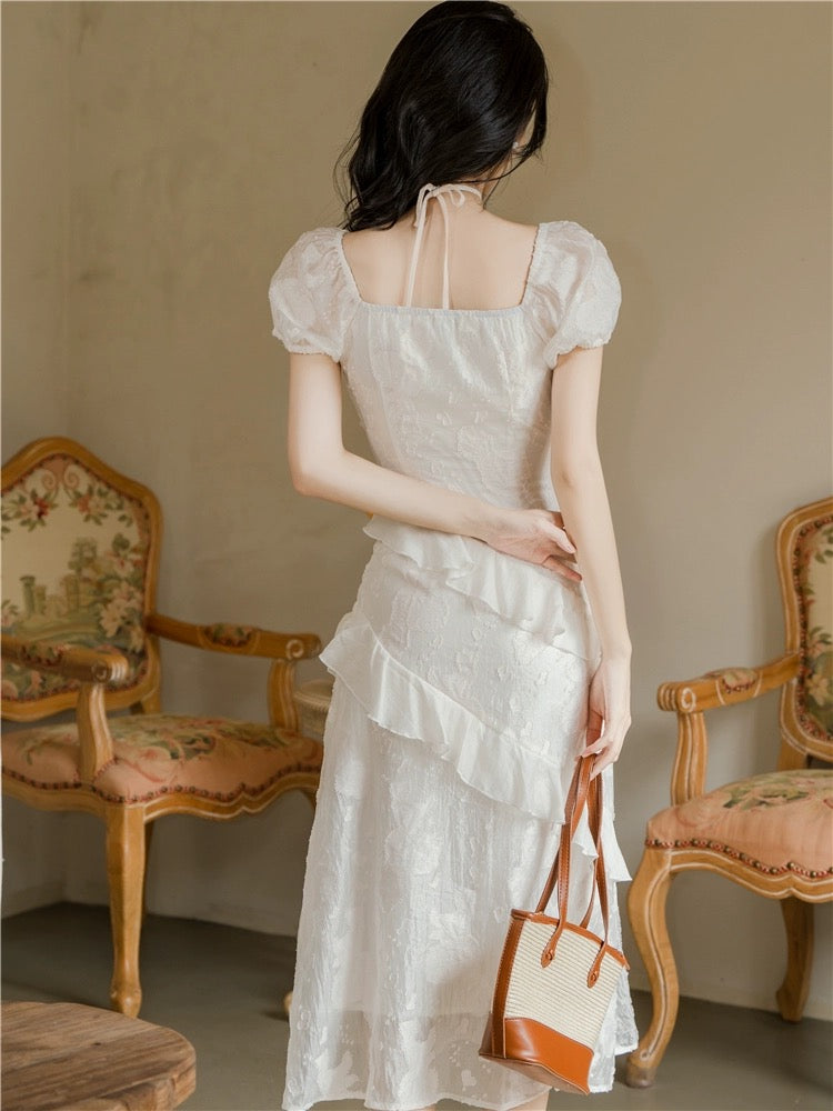 Super hot summer French style romantic and elegant short-sleeved ruffle dress with high-end feel