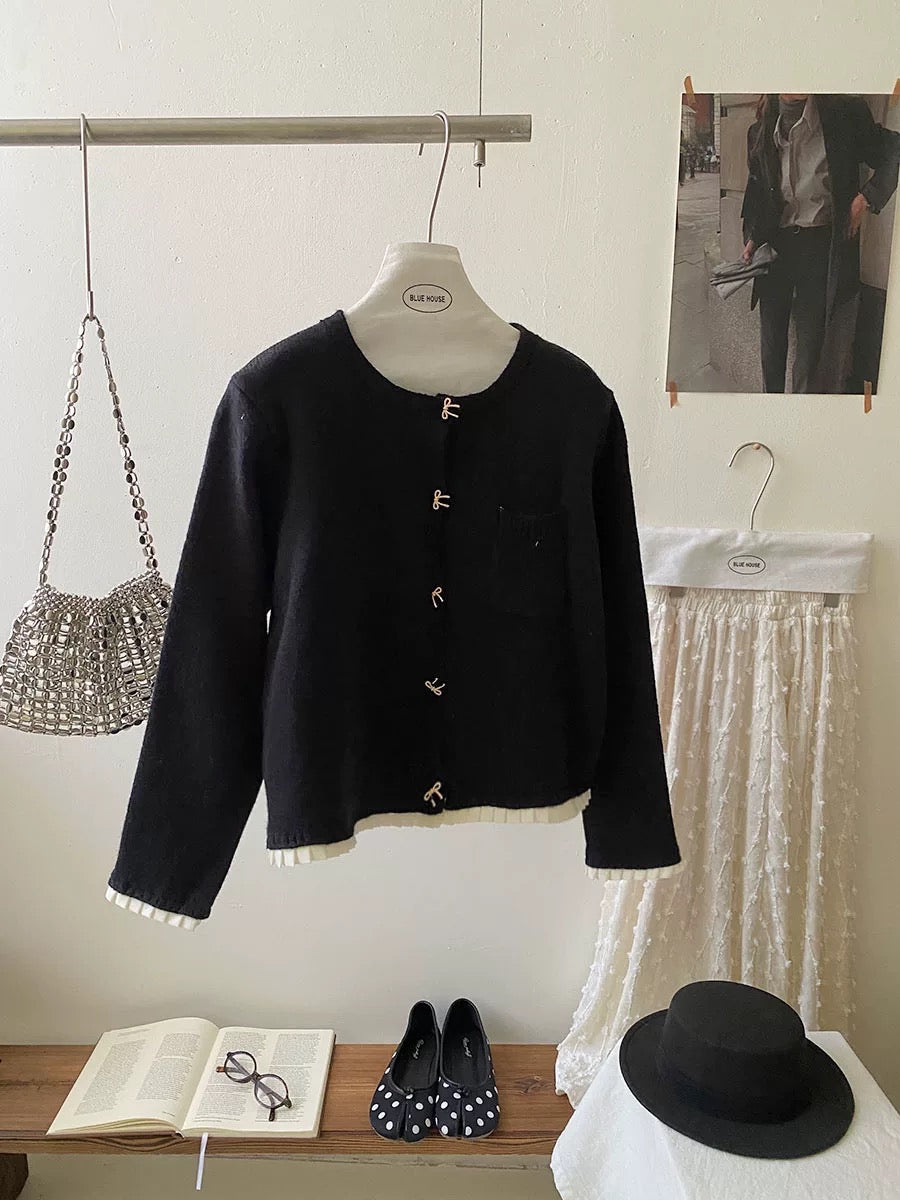 Korean style gray fungus edge bow button sweater cardigan for women autumn and winter miu style small fragrance knitted jacket top