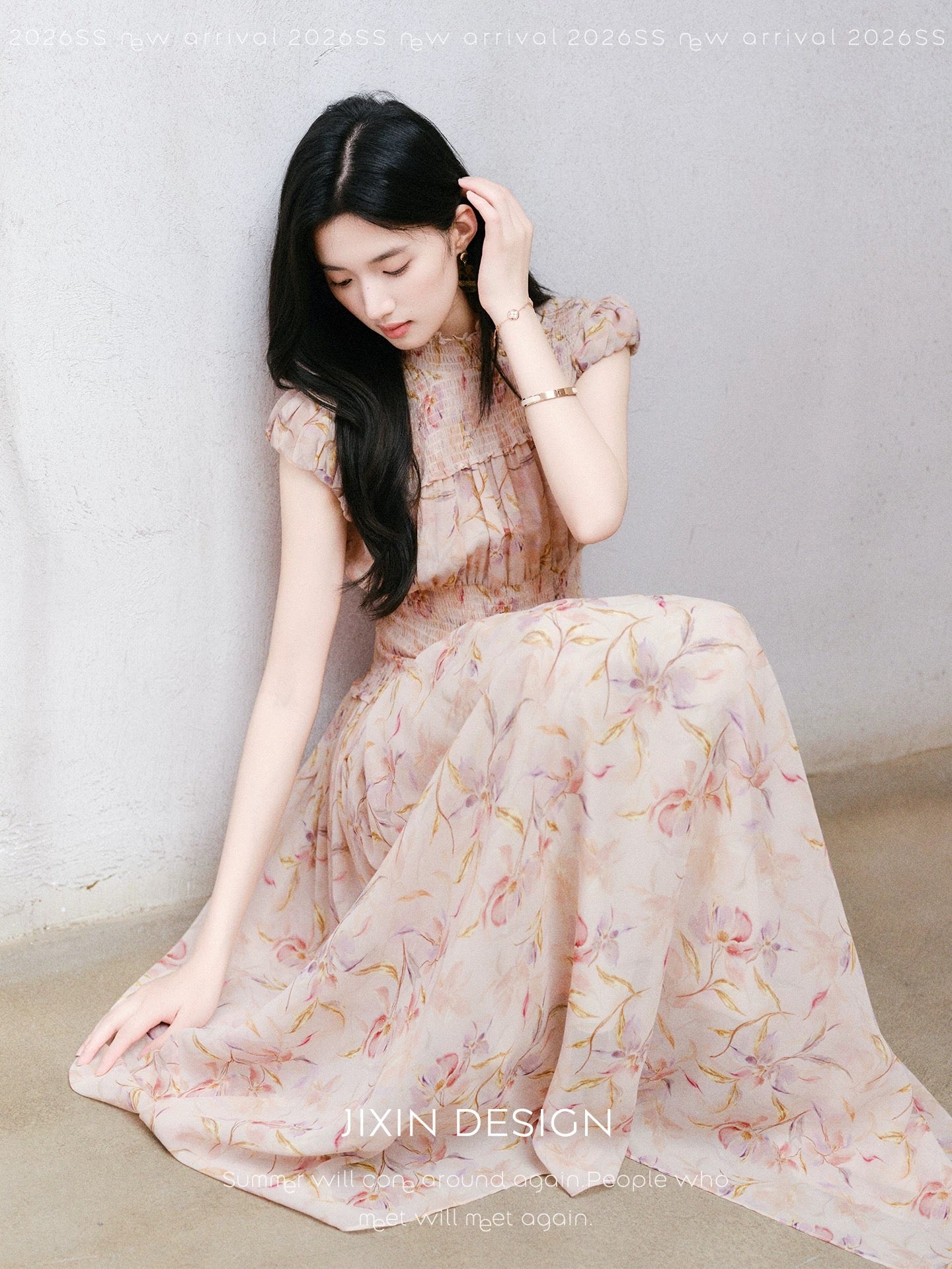 Send a letter to "Lyon Flower Mist" French-style misty pink rose floral maxi dress with a cinched waist for a slimming and elegant look.