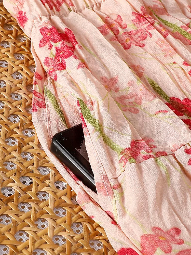 Pleated floral skirt for women summer 2025 new style drape high waist slim cake skirt printed chiffon a-line skirt