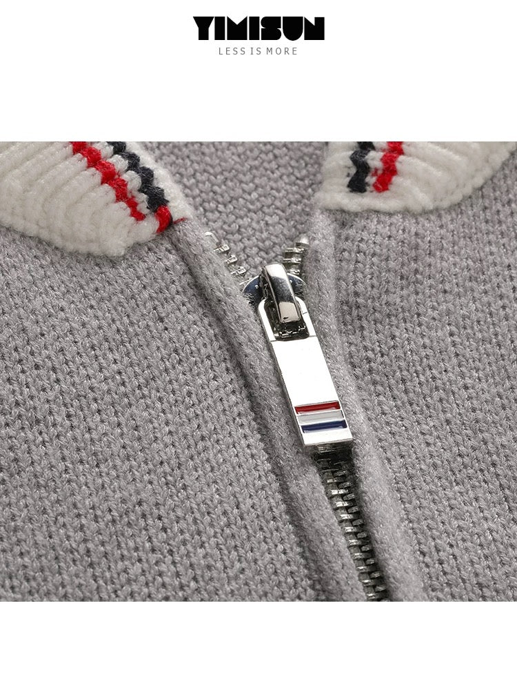 YIMISUN design contrast color four-bar stand collar zipper pocket knitted cardigan long sleeve baseball jacket trendy