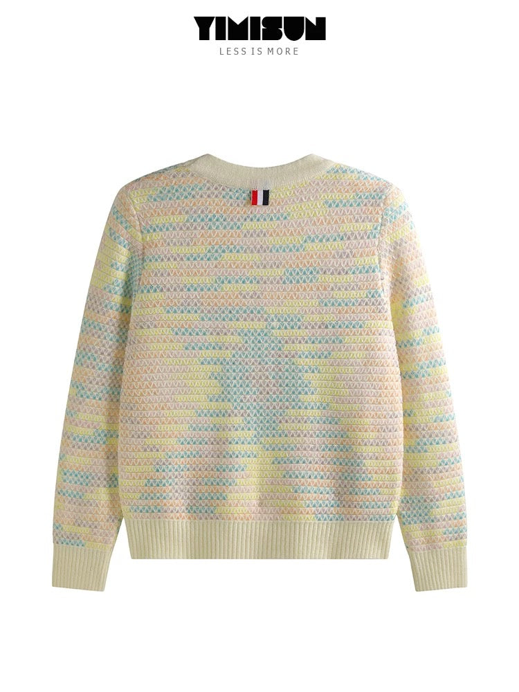 YIMISUN v-neck chic fish scale pattern puppy embroidery long-sleeved knitted cardigan women's loose short top jacket