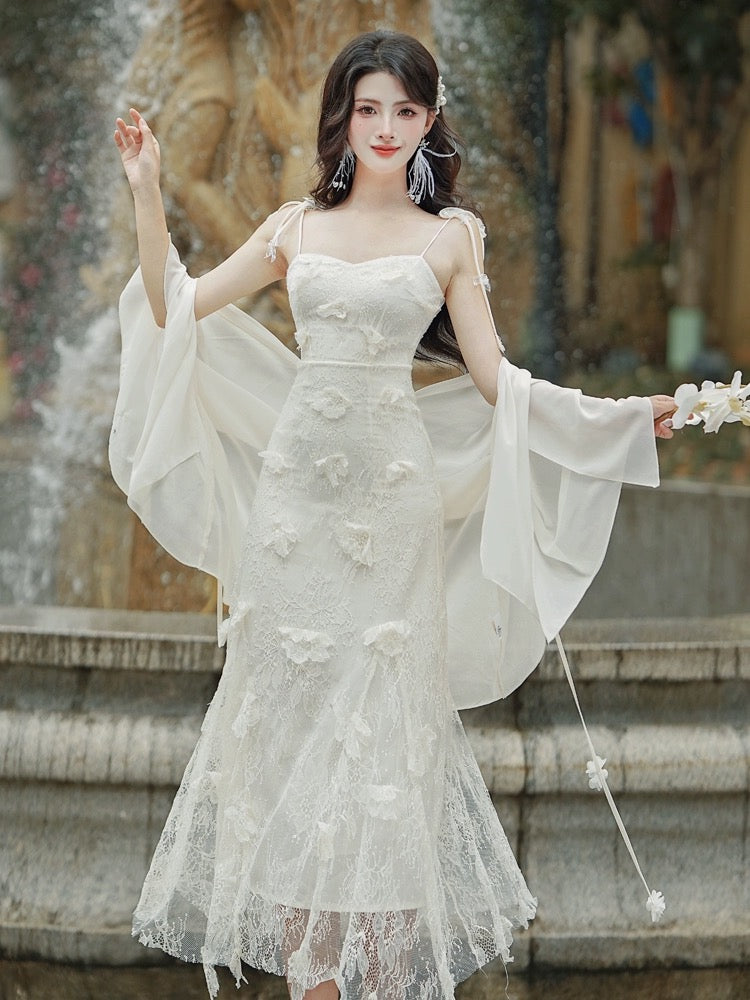 French high-end, exquisite and beautiful lace suspender dress, seaside vacation beach long dress, fairy temperament and slimming