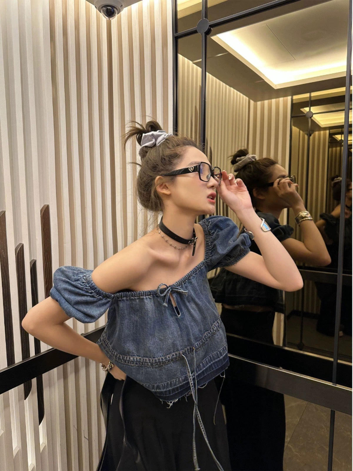 Xinlei Lin Summer New Sweet and Spicy Double Break Pullover Blue Adjustable Puff Sleeve Short Sleeve Denim Top for Women