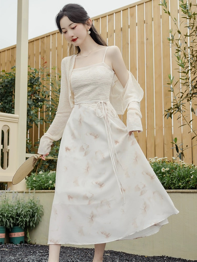 New Chinese style women's autumn skirt, sweet and spicy design suit, fairy style smudged suspender dress, fairy slimming