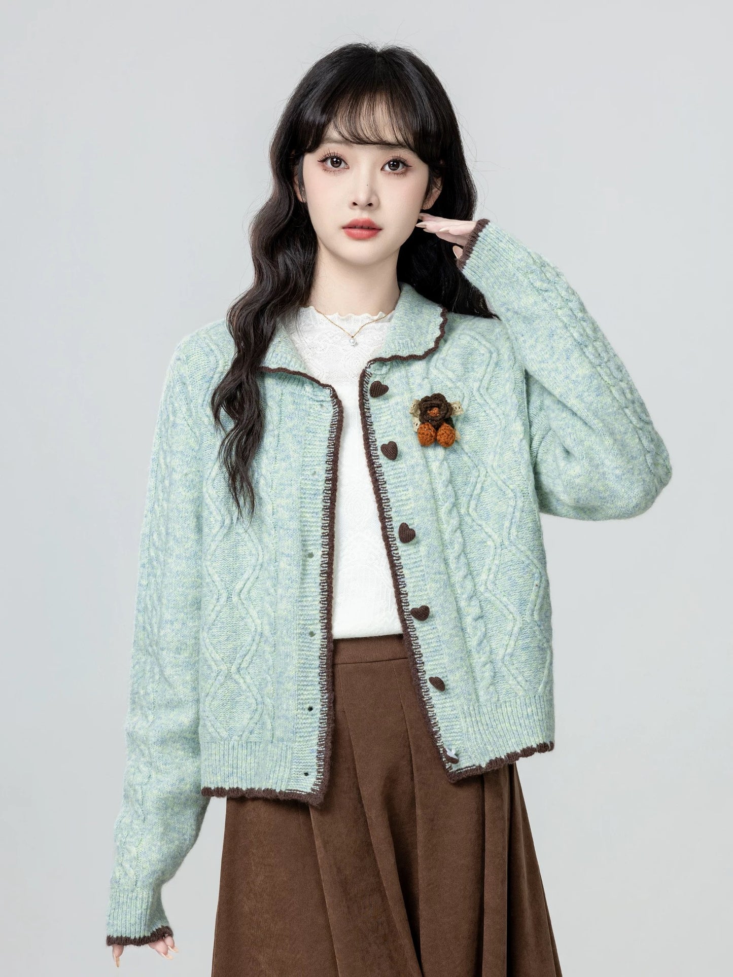 Women's Green Peter Pan Collar Sweater Cardigan, Spring and Autumn 2026 New Style, Three-Dimensional Floral Knit Cardigan, Short Top