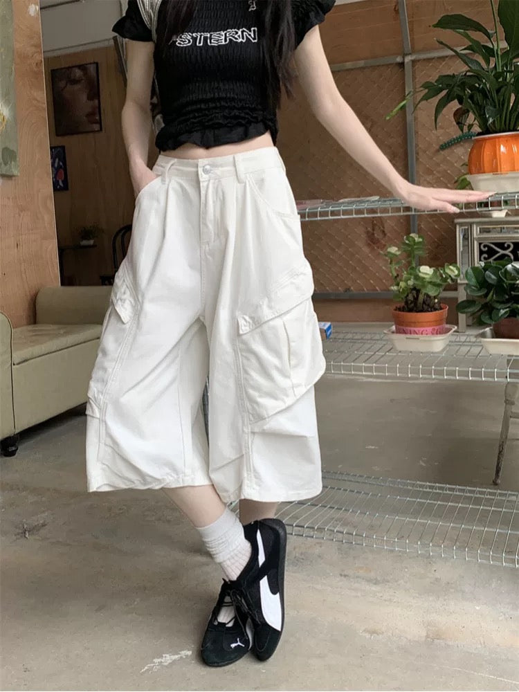 Kumikumi American style white design overalls jeans for women summer versatile loose straight pants cropped pants