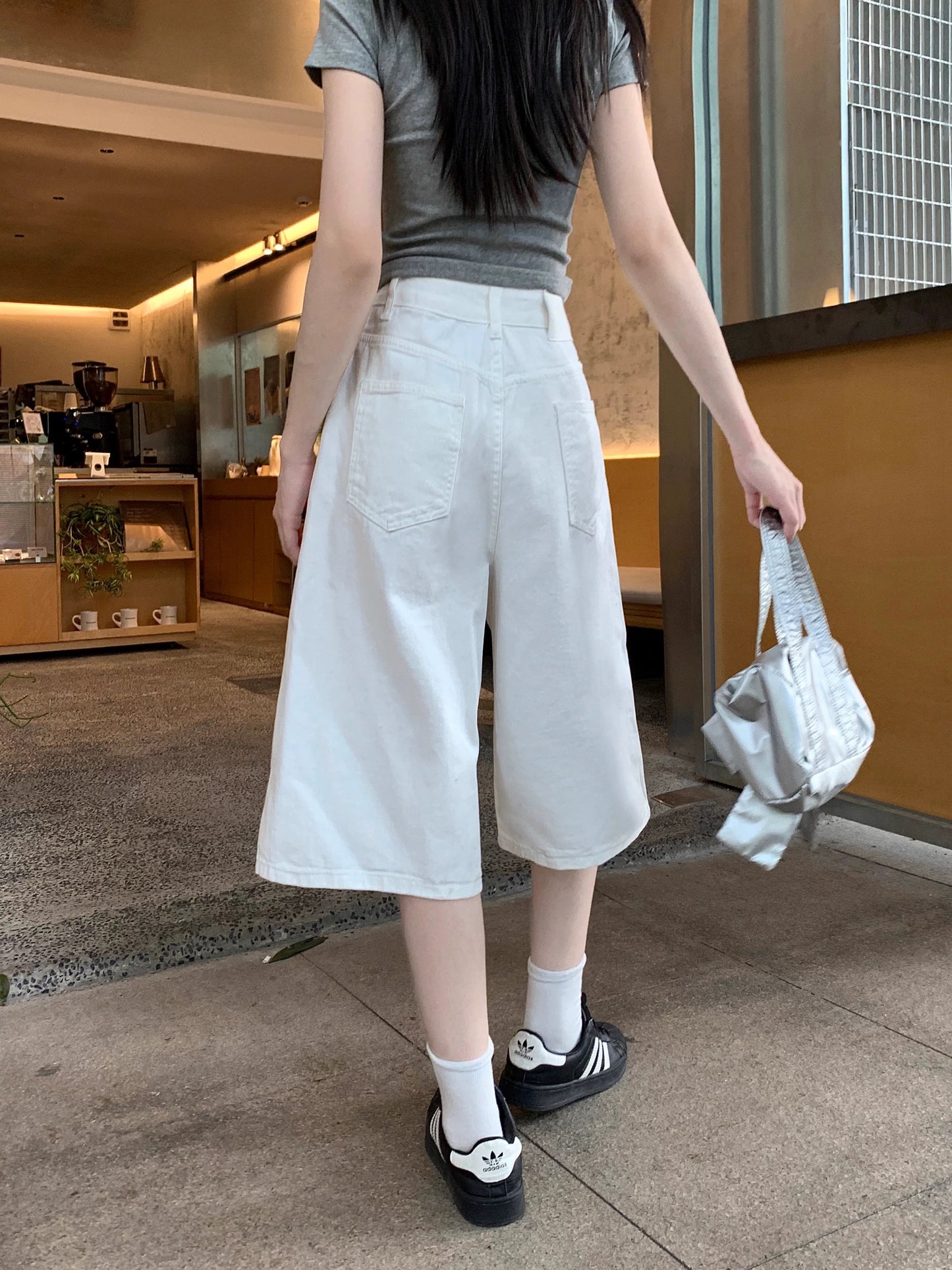 Light blue washed jeans for women 2025 summer slim all-match straight pants loose mid-length pants high waist cropped pants trendy