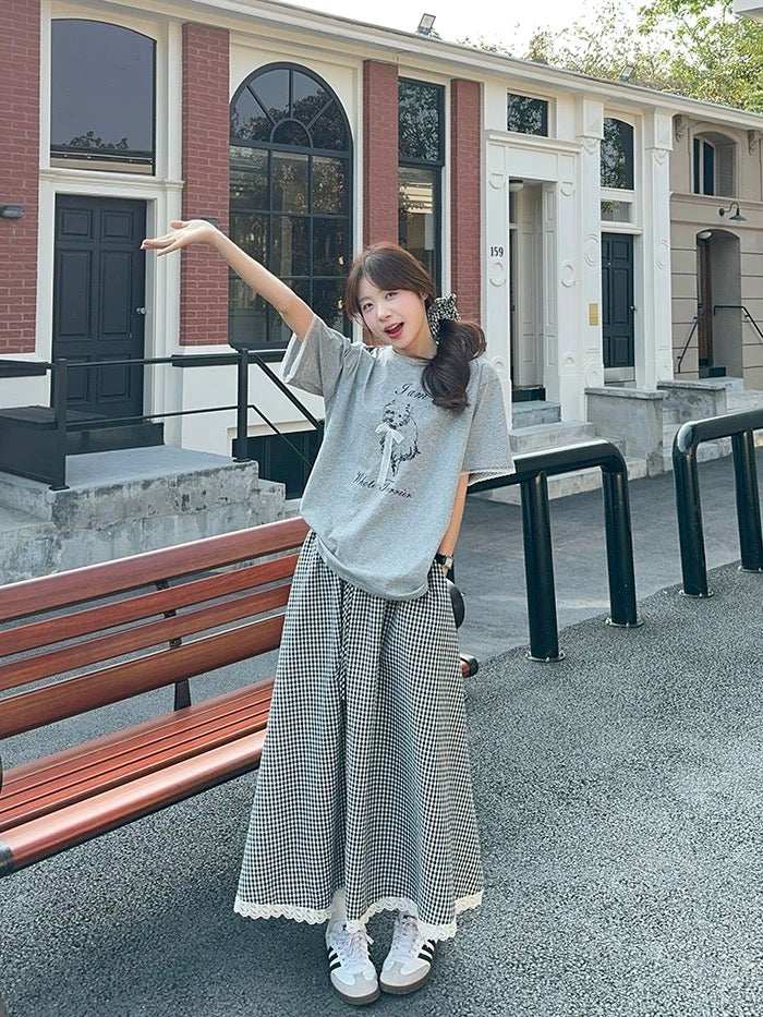 Kumikumi lazy style suit for women cute dog print short-sleeved T-shirt summer plaid skirt two-piece suit