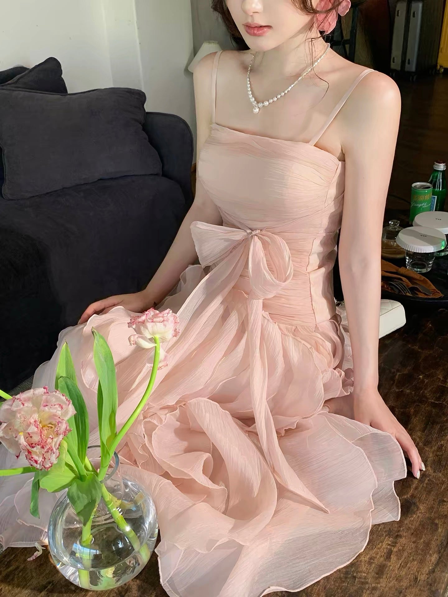 Good Job! 【Fragrance of Flowers in the Breeze】French-style Pink Sleeveless Strapless Dress, Strapless Vacation Birthday Gown