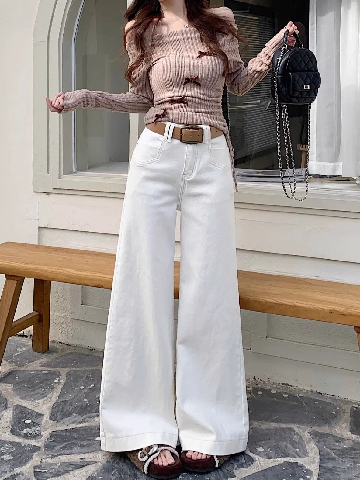 American retro high waist flared jeans wide leg pants women's summer high waist white flared pants mopping casual pants