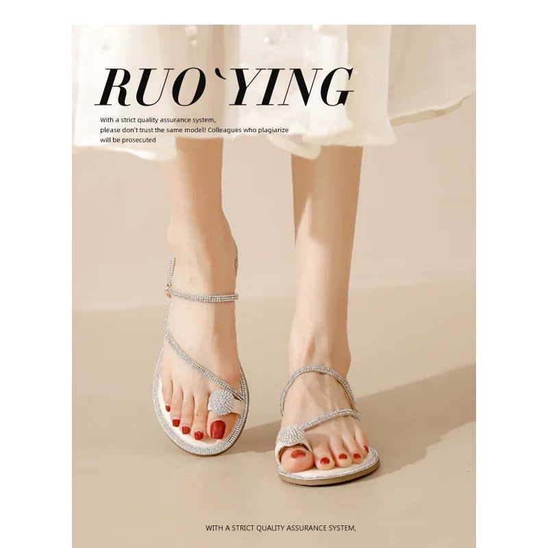 41 to 43 large size rhinestone sandals for women summer outdoor wear clip toe flat versatile fairy style two-way sandals for women
