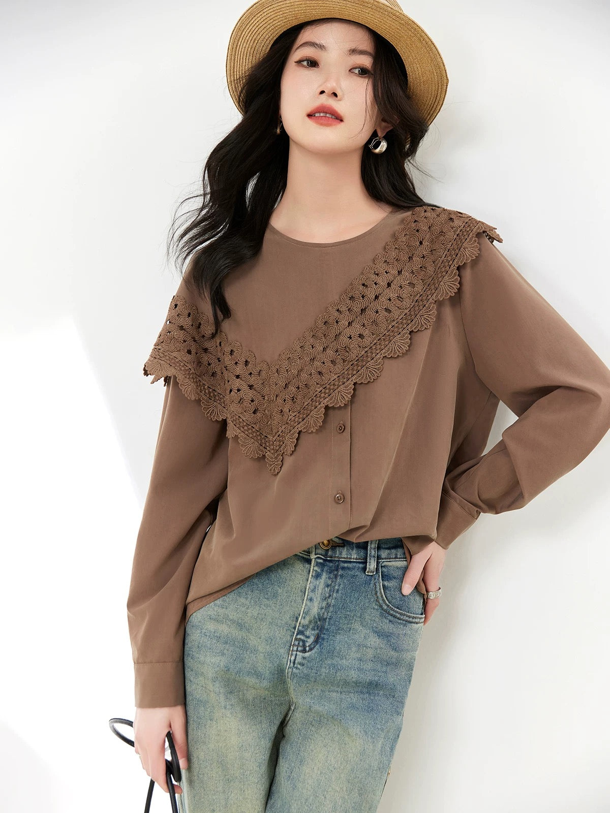 Spliced Tencel shirt for women spring and autumn 2024 new European style loose design fashionable and slim long-sleeved top