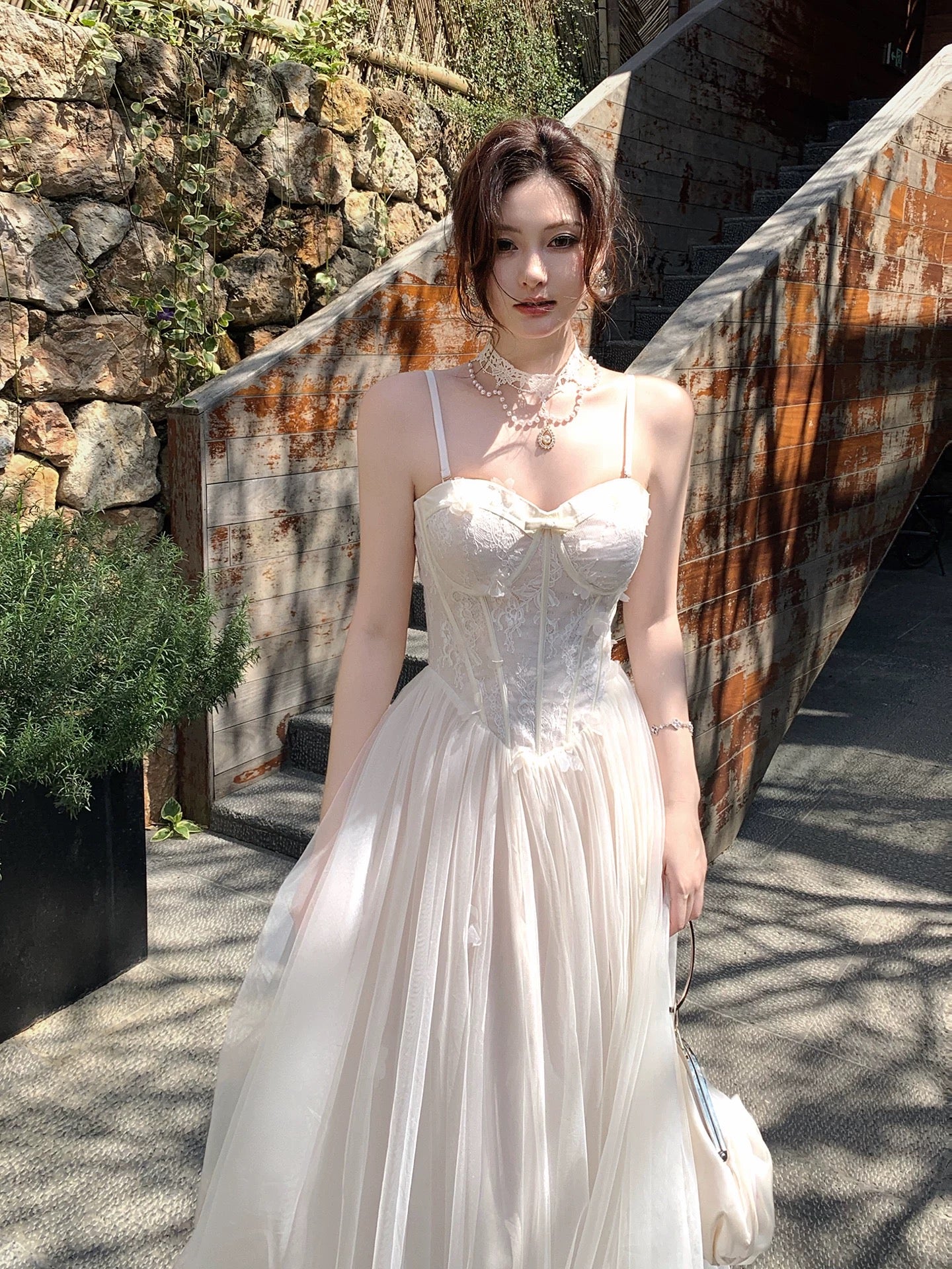 Good Job! 【Film Holiday】French Pink Spaghetti Strap Mermaid Dress Women's Lace Mesh Vacation Maxi Dress