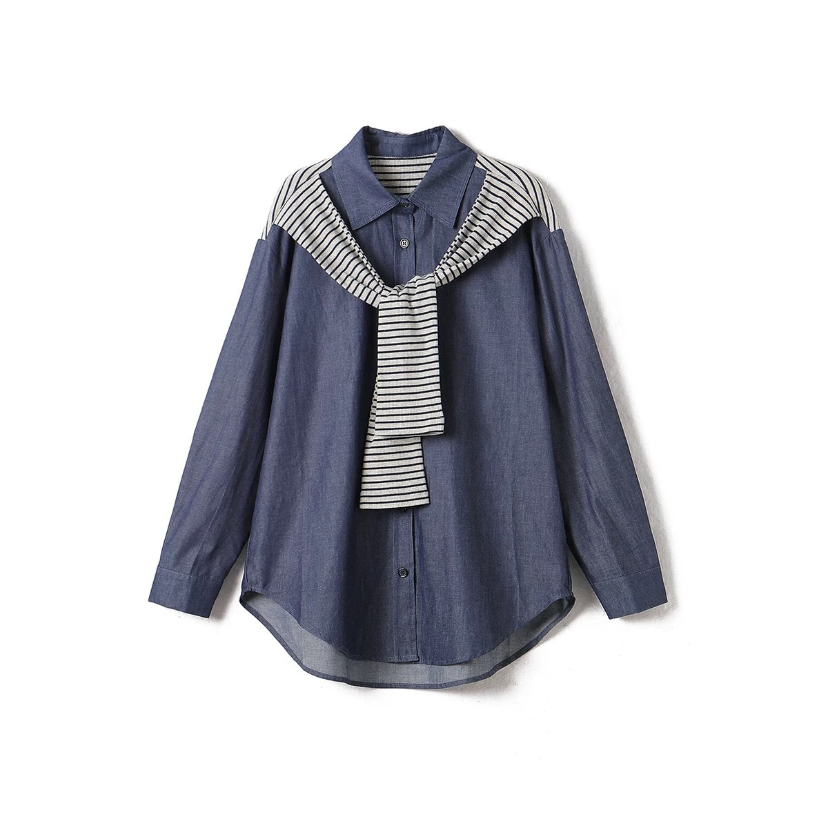 Yipinle plus size women's striped shawl splicing denim shirt women's spring and autumn 2024 new large size loose top