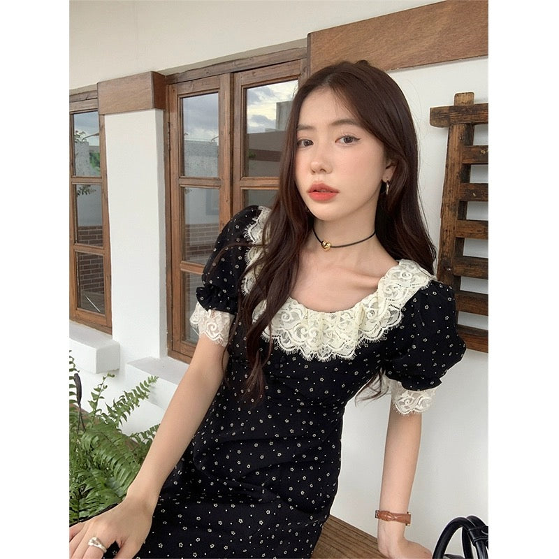 French lace stitching floral puff sleeve dress women's 2023 summer new style high-end waist slimming long skirt