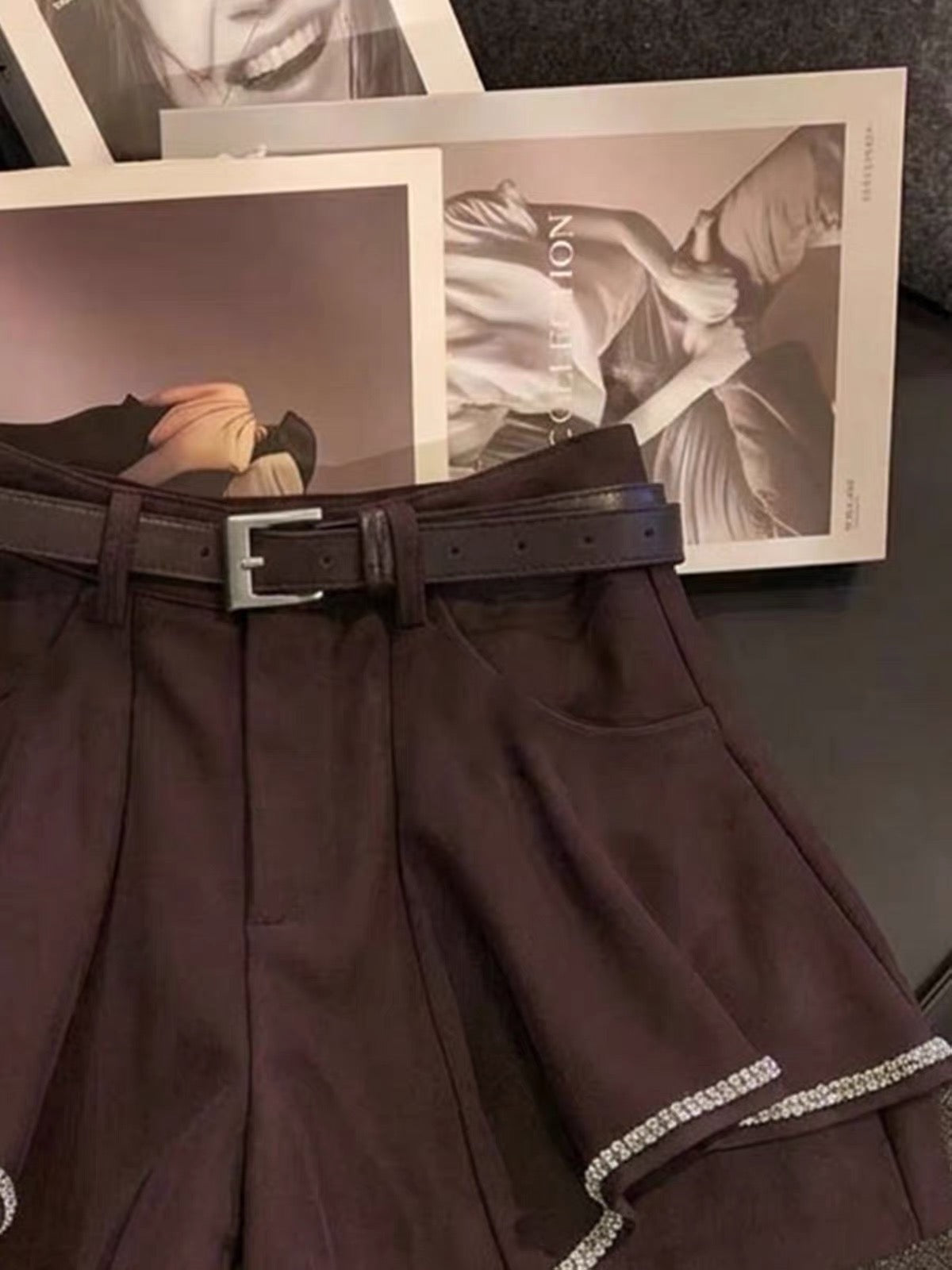 ZHOUYI High-Waisted A-Line Wide-Leg Culottes – Rhinestone-Trimmed, Belted, Slimming & Sophisticated Style