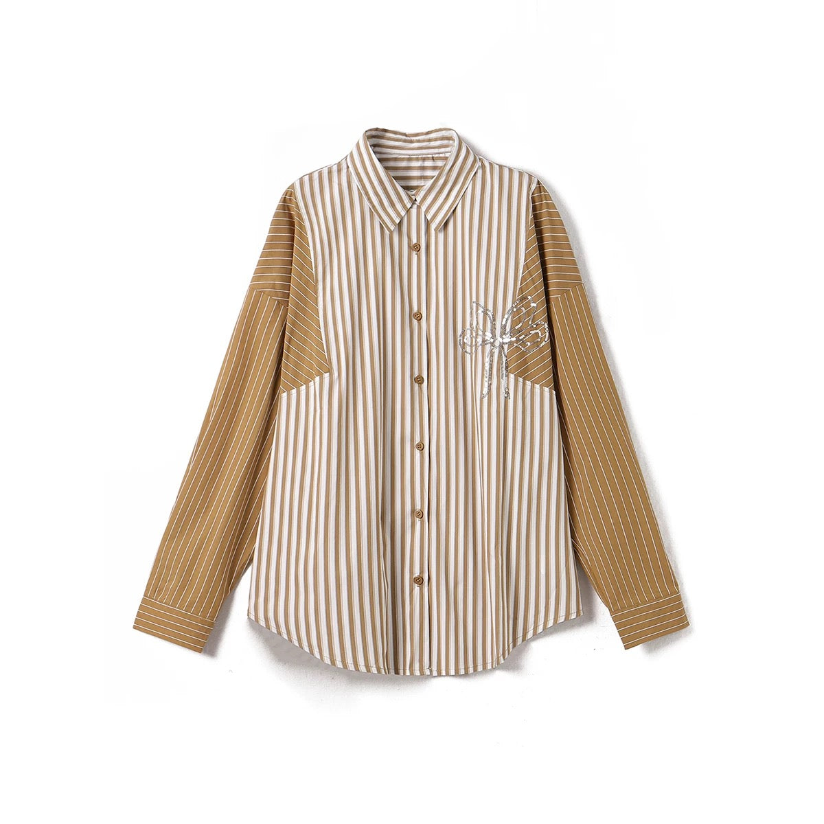 Yipinle slightly fat plus size women's casual sequin striped splicing shirt women's early autumn new long-sleeved loose top