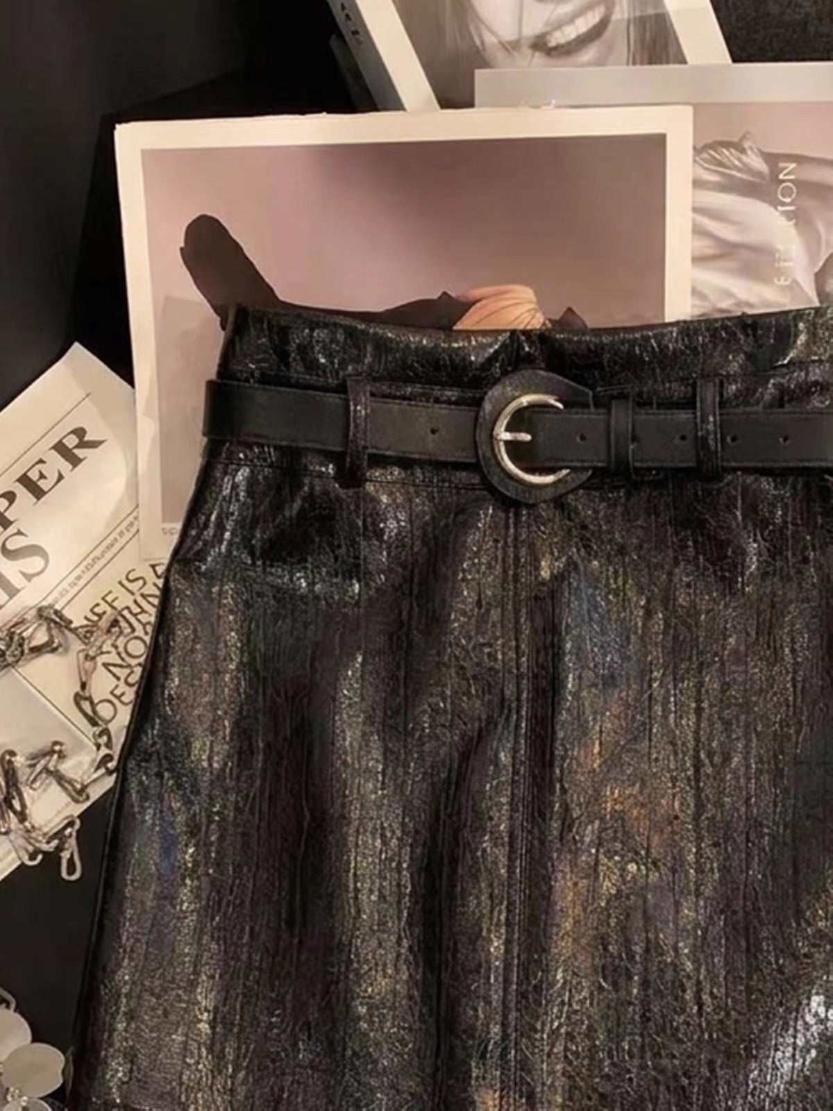 ZHOUYI High-Waisted A-Line PU Leather Skirt with Belt – Vintage-Style Cracked Leather Finish, Anti-Exposure Design