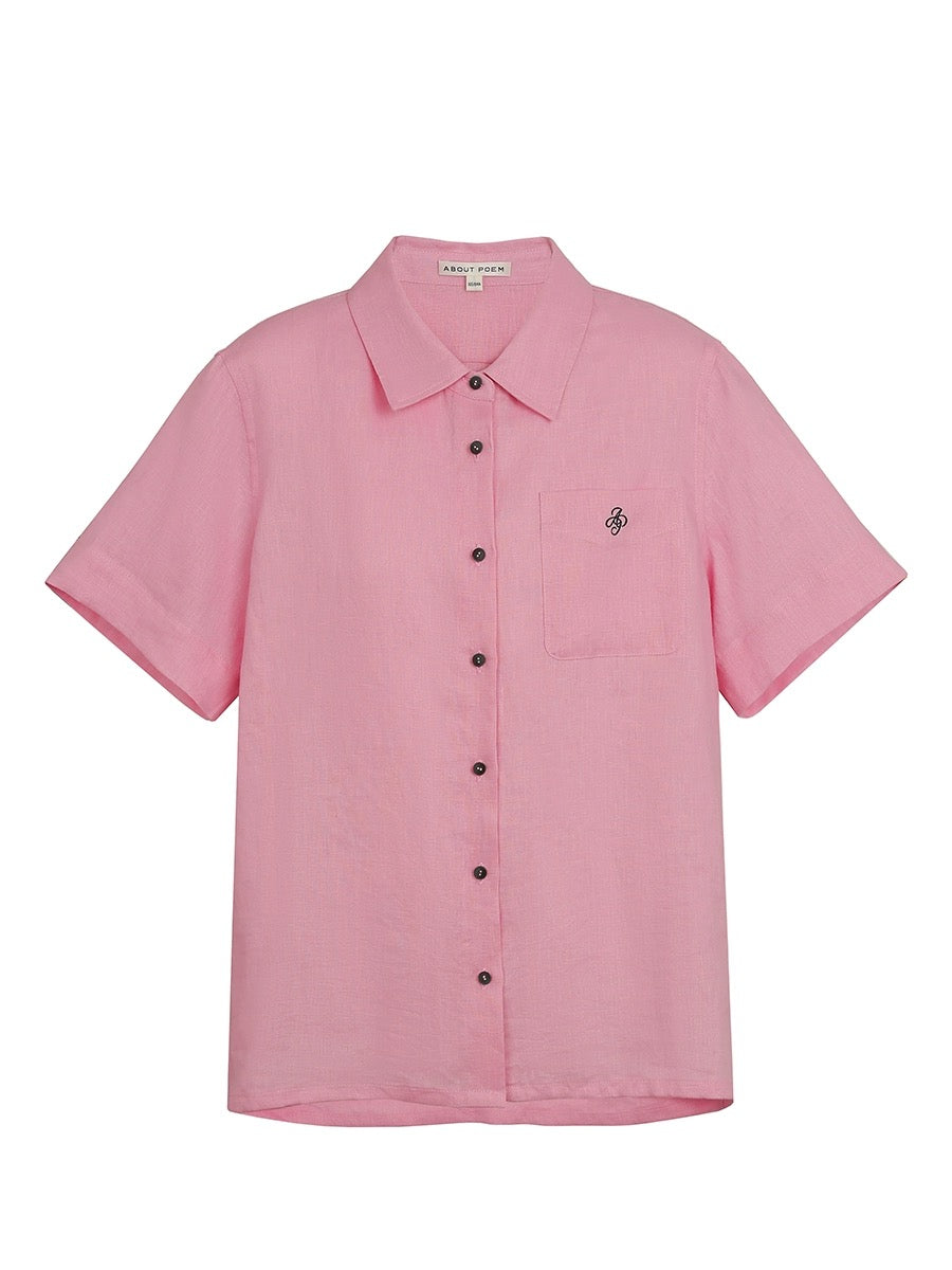 Xia Shiwen Midsummer Letter 100% Linen Simple Lapel Embroidered Short Sleeve Pink Shirt Women's Summer Light Shirt