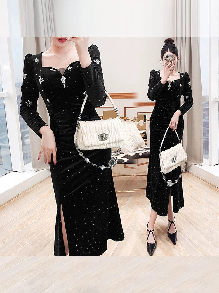 Rich girl little black skirt women's 2025 new autumn and winter long hip-covering sexy velvet inner dress