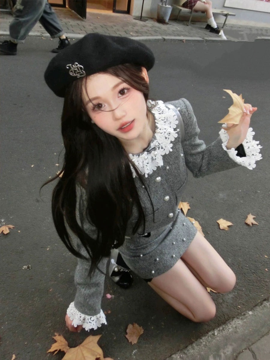 Hungerlababy/23AW French style small style suit gray short coat high waist skirt two-piece set