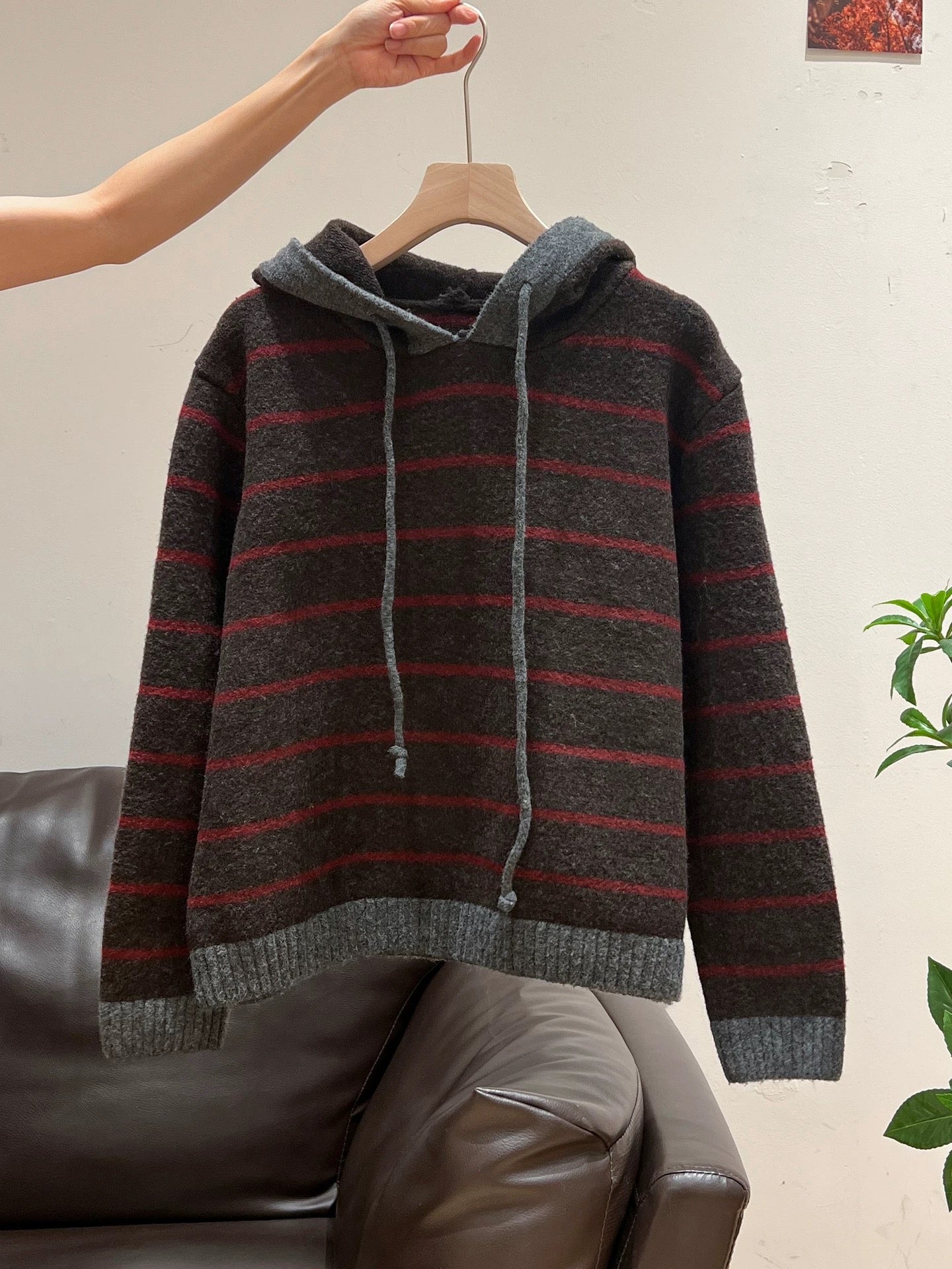 Lazy hooded striped knitted sweater long sleeve thick bottoming shirt inner wear autumn and winter new loose coat tops for women