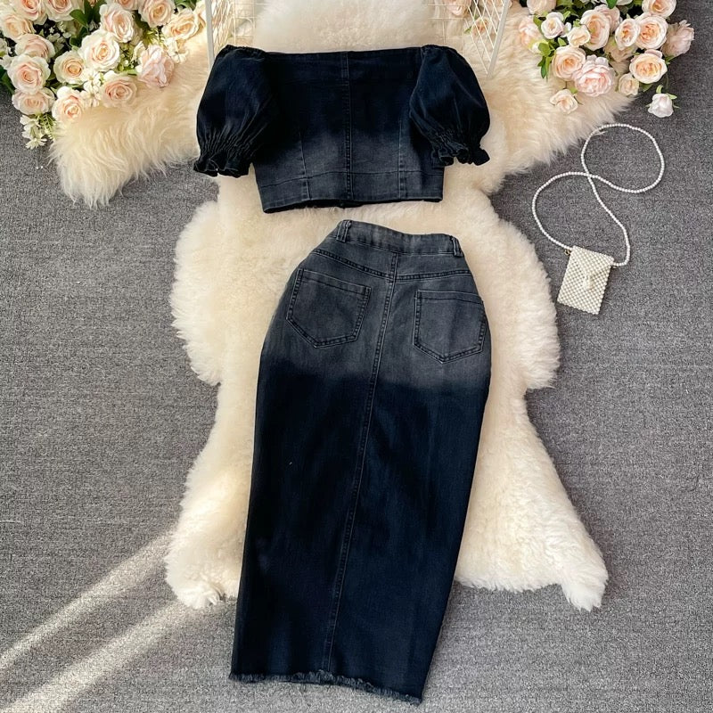 Denim skirt mid-length high waist slit A-line long skirt hip-hugging skirt two-piece suit high-waisted cropped top