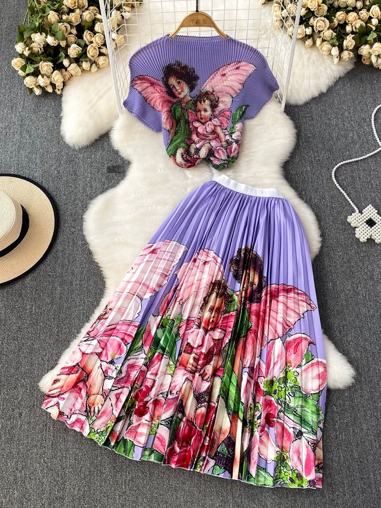 Fashion set Korean style Western style printed Miyake pleated top two-piece set high-waisted slimming A-line pleated skirt