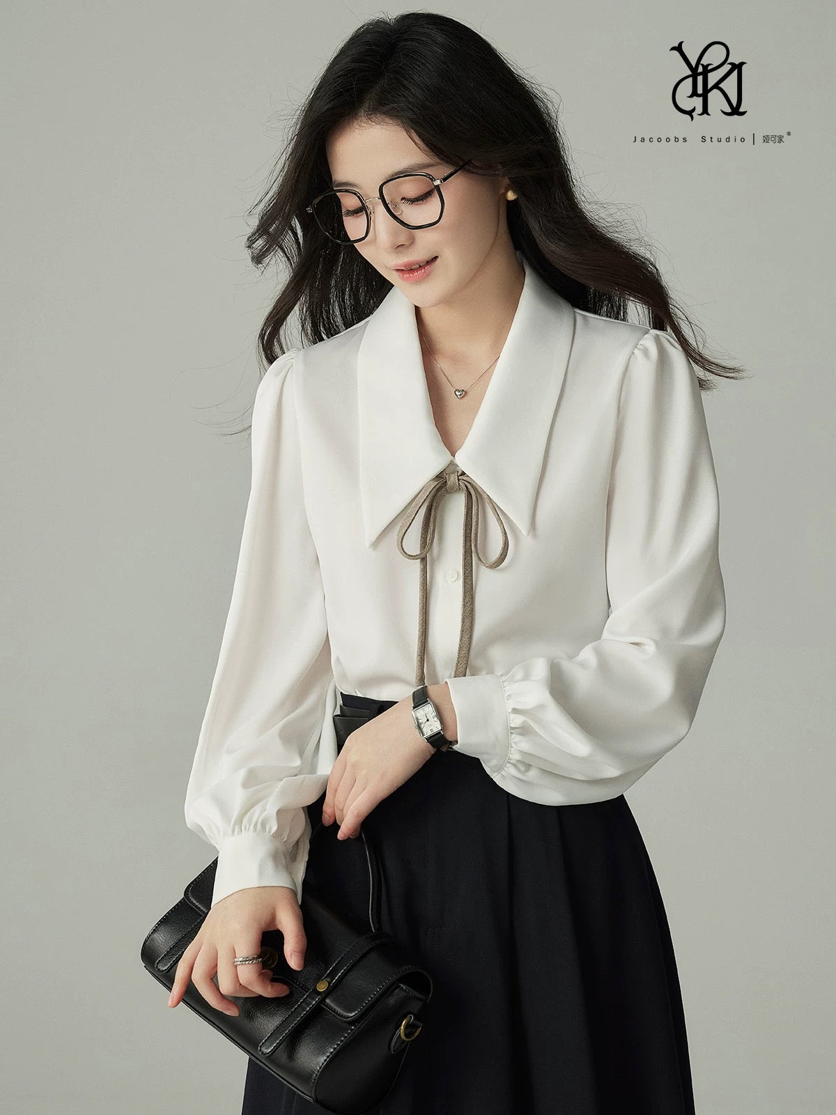 JACOOBS white large pointed collar shirt female drape long-sleeved top commuting spring and autumn design niche retro