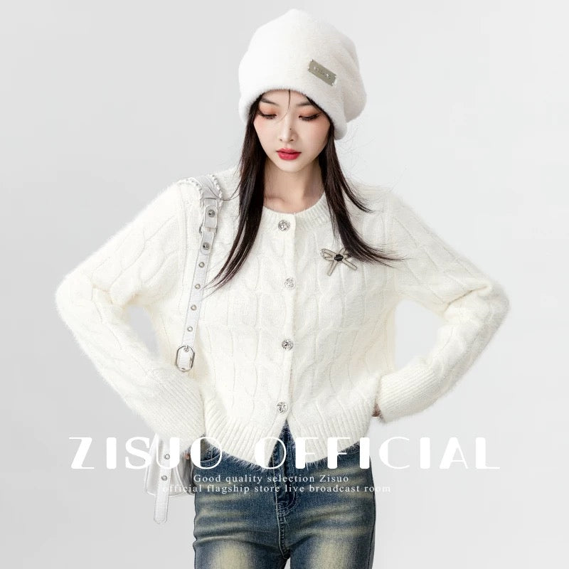 2026 Autumn/Winter New Style Mohair Black Cardigan for Women, Fashionable Short Knitted Top with Bow