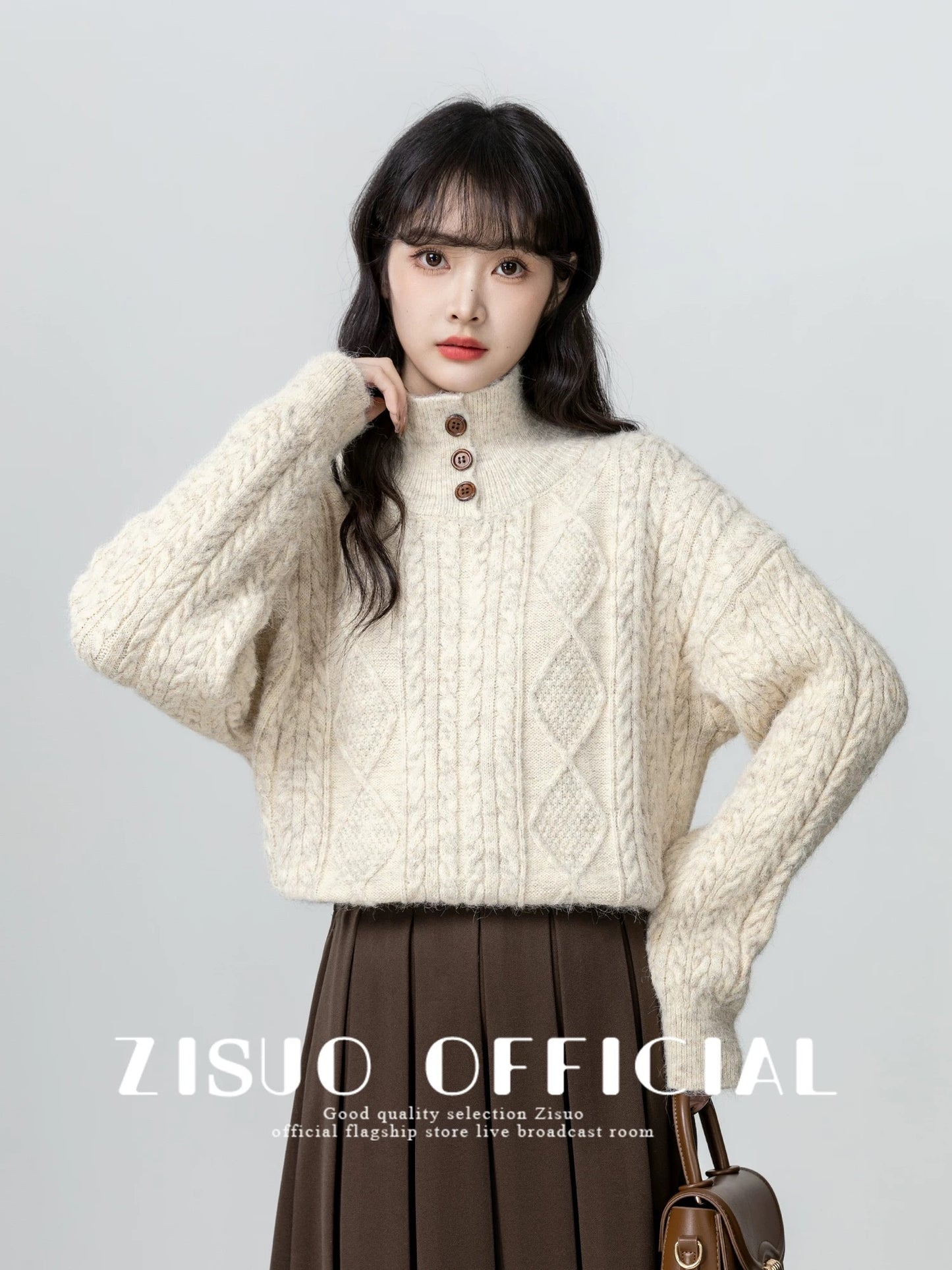 Women's Half-High Neck Cable Knit Sweater, Autumn/Winter 2026 New Style, Warm and Thick, Half-Open Neck Pullover Knitwear Base Layer Top