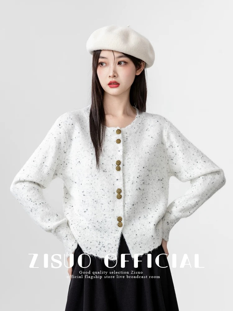 Grey short knitted cardigan for women, spring and autumn 2026 new style, polka dot yarn, Korean style, round neck sweater, long sleeve top