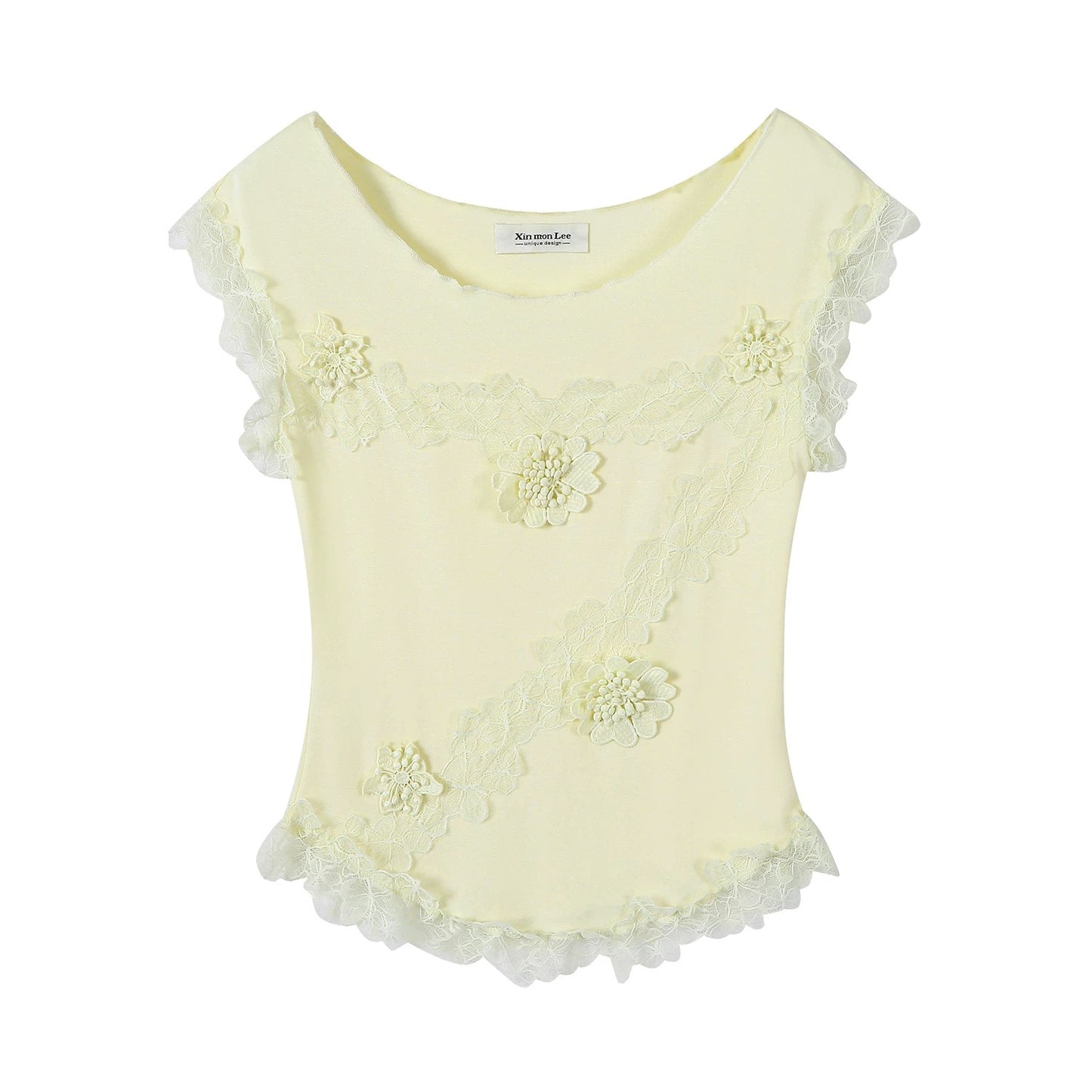 XinmonLee Korean summer three-dimensional embroidery unique one-shoulder T-shirt temperament slim sweet lace splicing female
