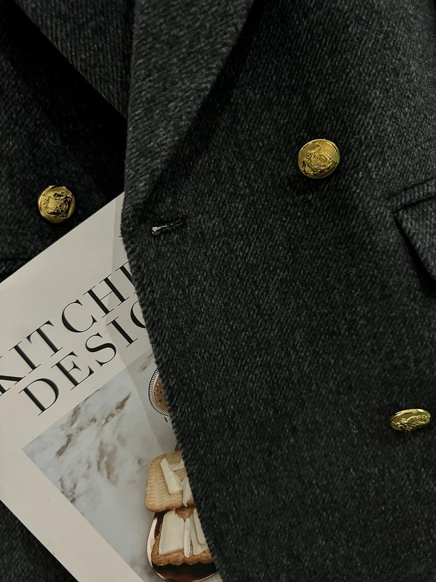 Dark grey twill Korean style slim woolen suit jacket for women 2024 new autumn and winter high-end internet celebrity small suit