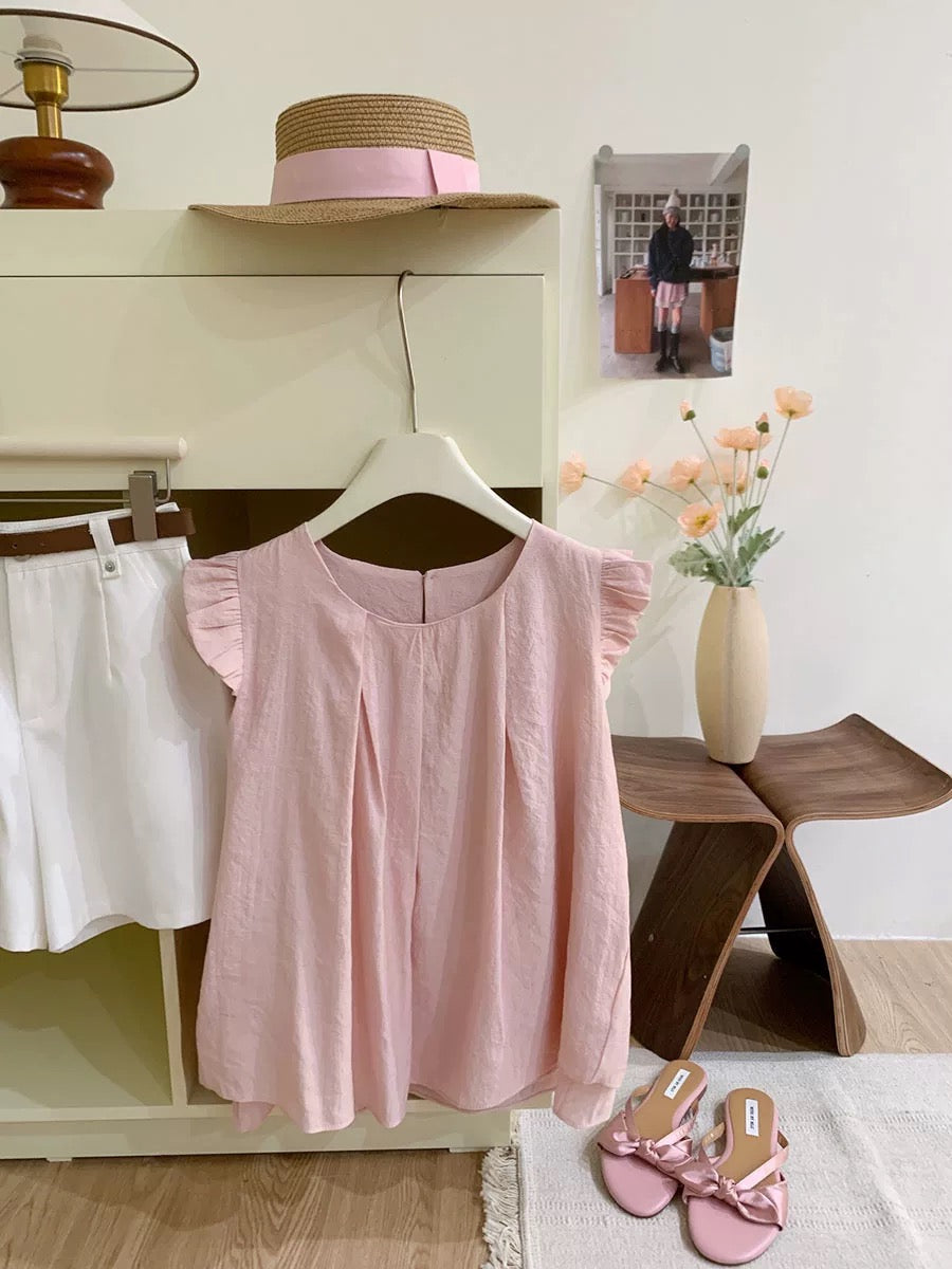 French back characteristic design pleated babydoll shirt for women with summer wood ears and flying sleeves pleated fresh and sweet little shirt