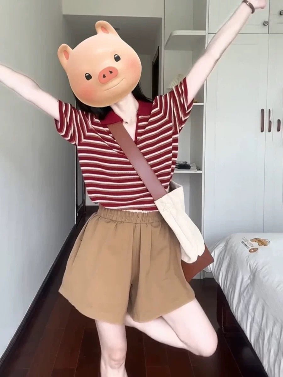 In summer, a complete set of casual age-reducing red striped polo shirts, loose shorts, two-piece suit for small people