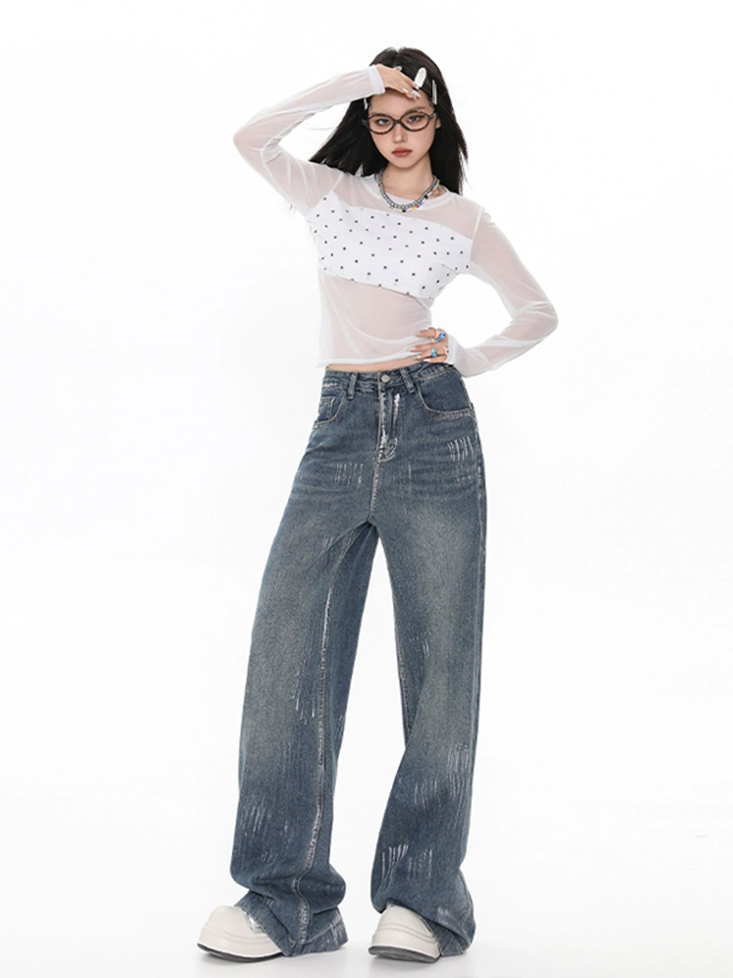 Blue straight jeans women's spring and autumn style 2025 new high waist loose wide leg pants small size trousers pants