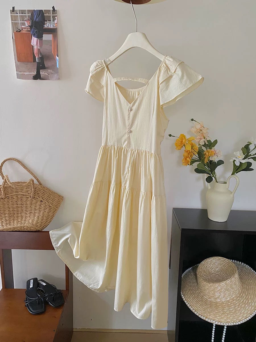 French front and back square neck flying sleeve dress for women summer temperament mid-length waisted holiday tea break cake long dress