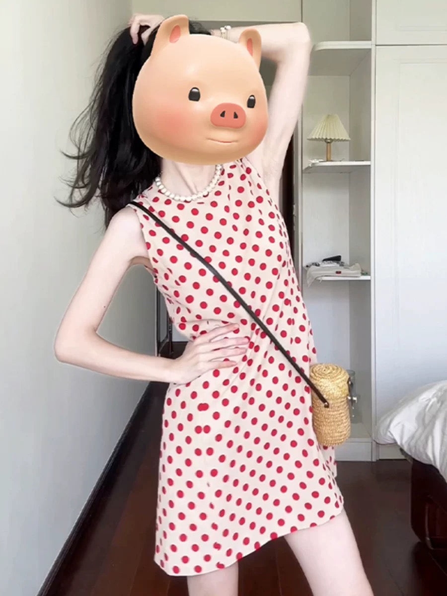 French sweet girl retro red polka dot dress 2025 summer new style small sleeveless vest A-line short skirt
